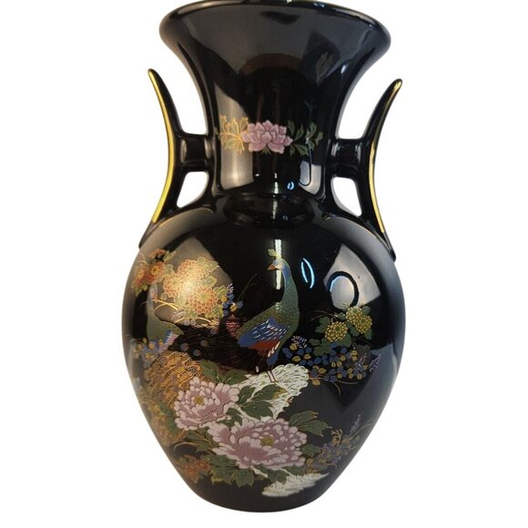 Vintage Black Ceramic Vase With Floral & Peacock Motif Gold Accents Decorative D - Picture 12 of 16